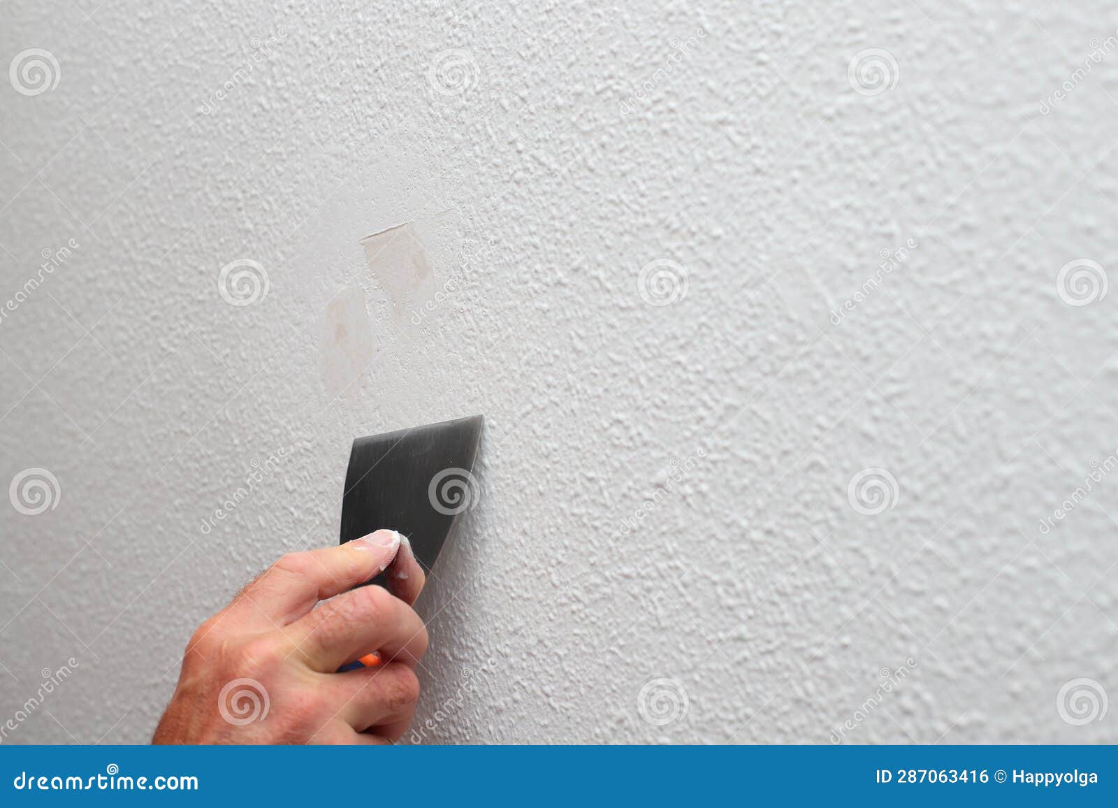 Worker Fixing Cracks on Ceiling, Spreading Plaster Using Trowel, Home