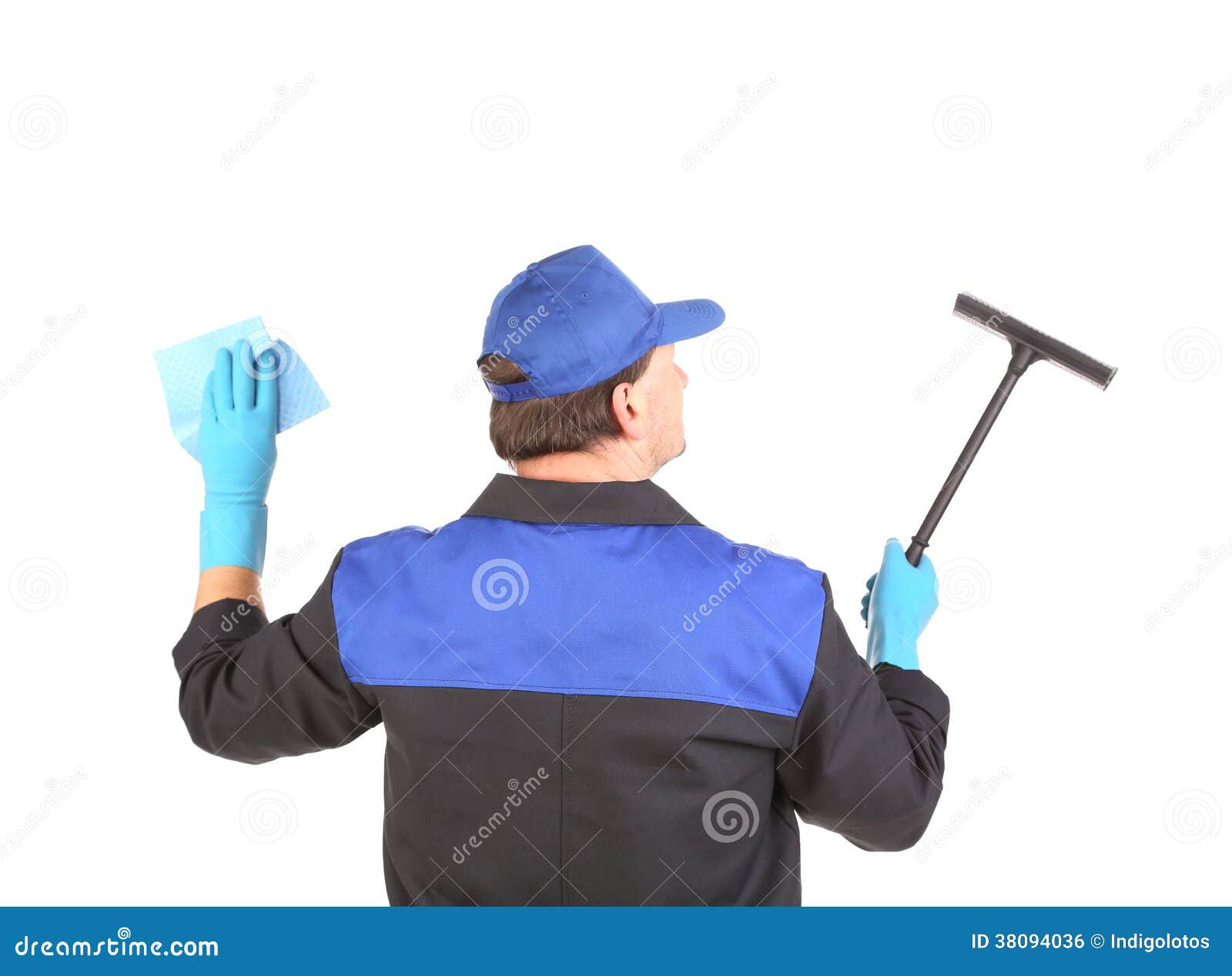 Worker in Gloves with Window Cleaner. Stock Photo Image of clothing