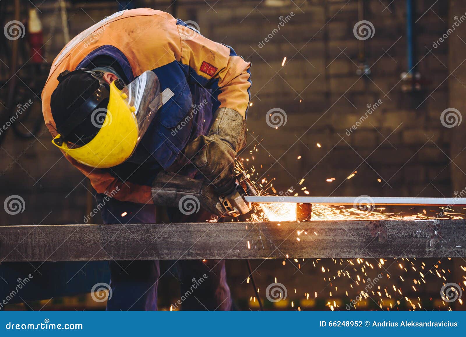 Worker Grinding a Metal Plate Stock Photo Image of spark, power 66248952