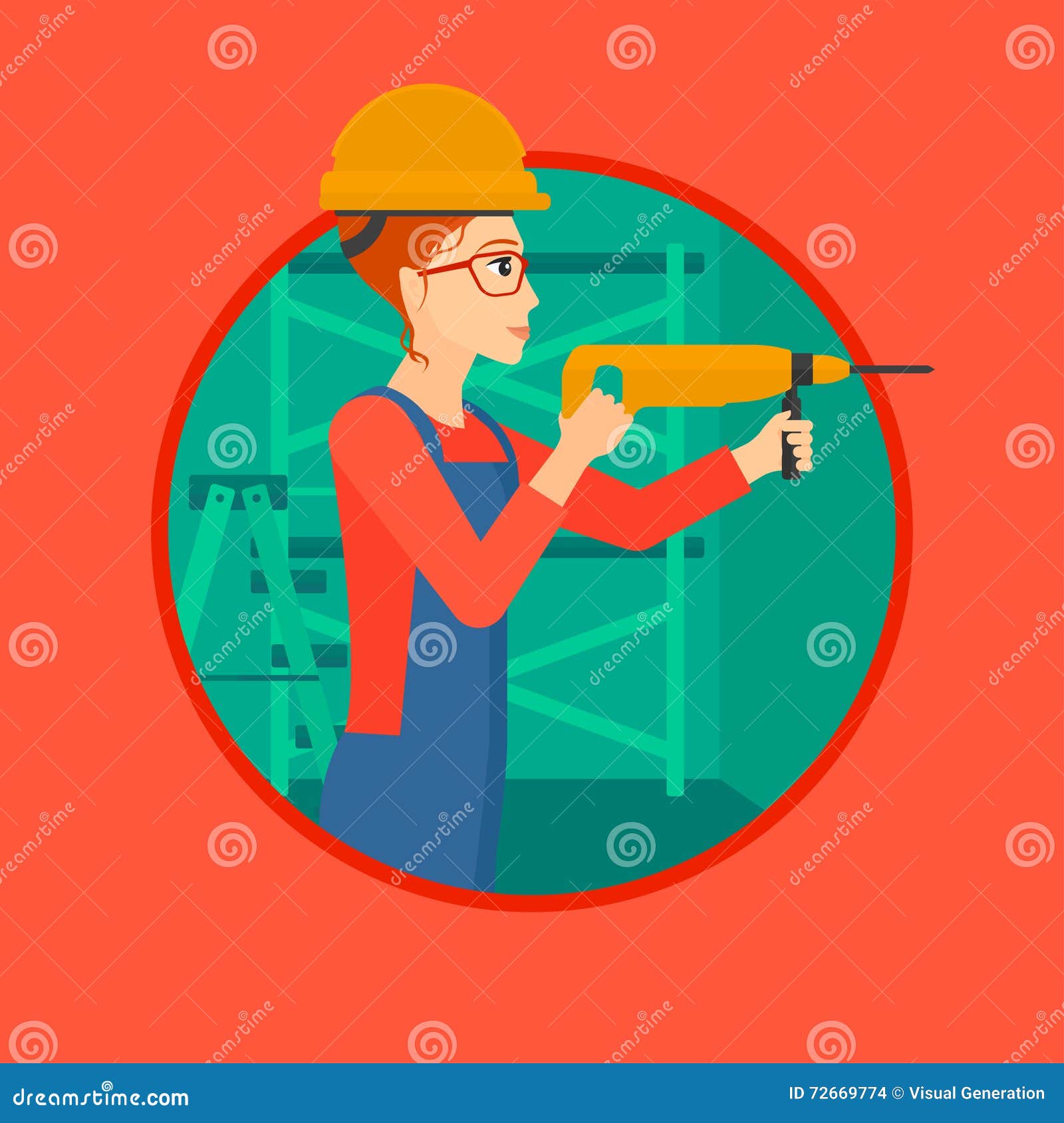 Worker with hammer drill. stock vector. Illustration of character ...