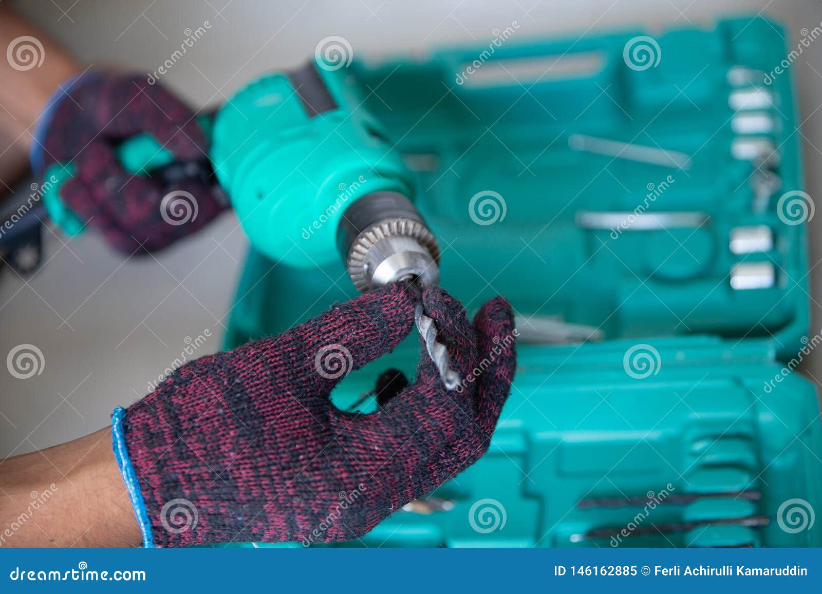 Worker with Hands Glove Prepare Drill Stock Image Image of steel