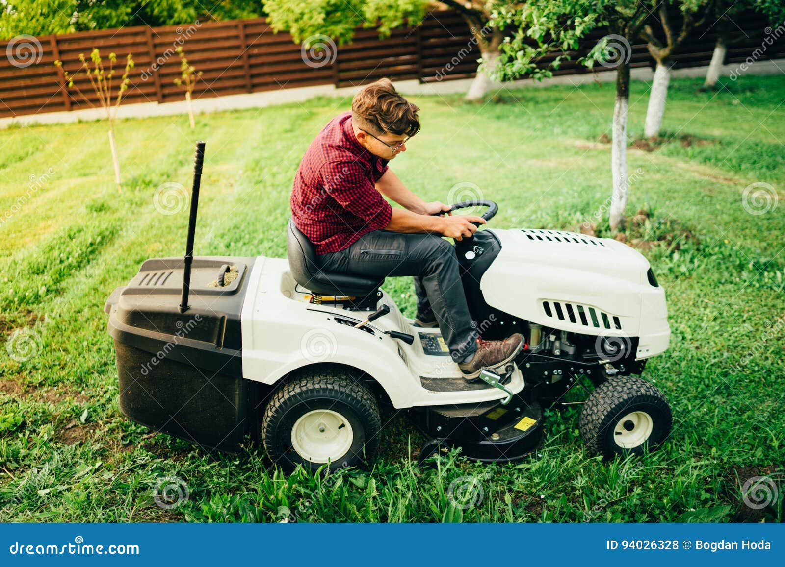 Worker, Handyman Trimming Grass Using Lawn Mower Stock Photo Image of