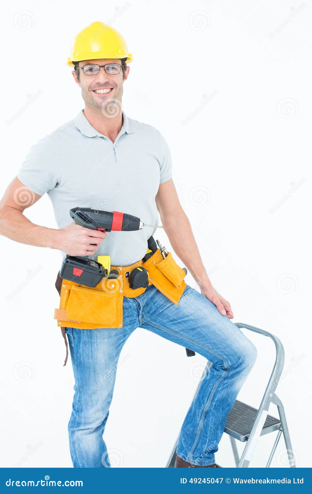 Worker Holding Drill Machine on Step Ladder Stock Image Image of