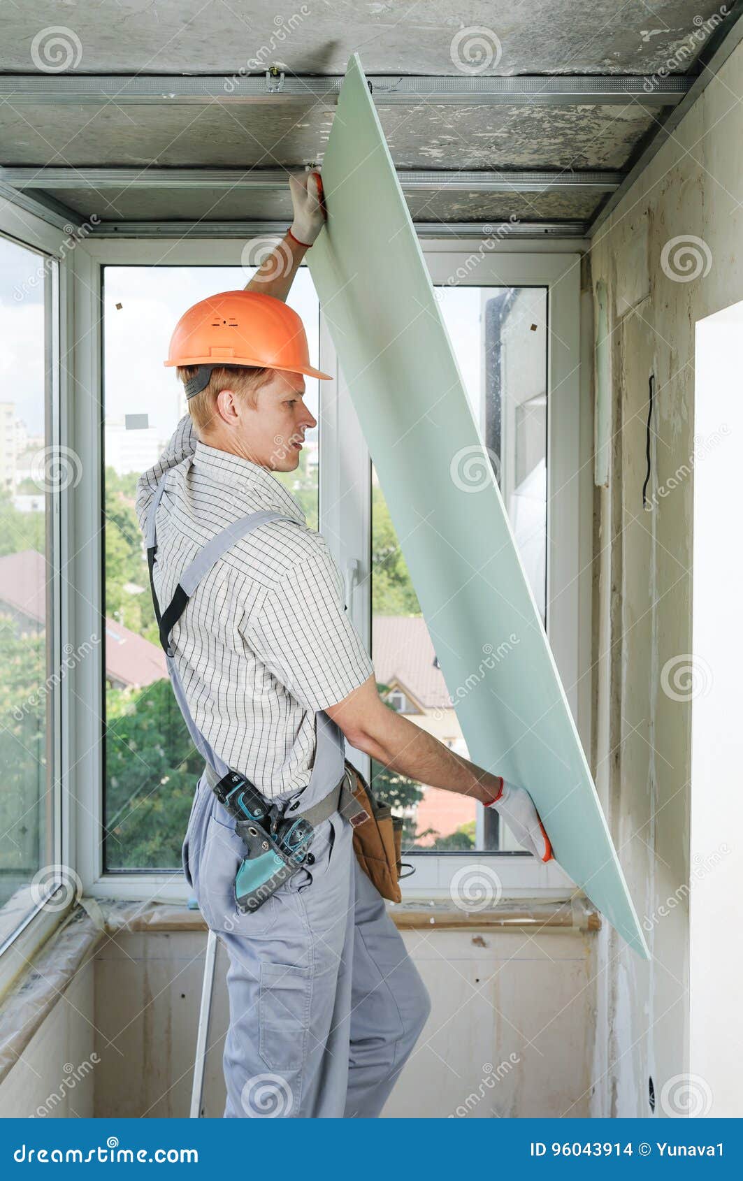 Worker Is Installing The Drywall Stock Photo Image Of