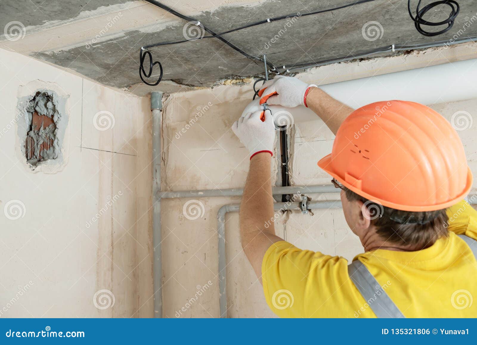 The Worker is Installing a Ventilation System Stock Photo Image of