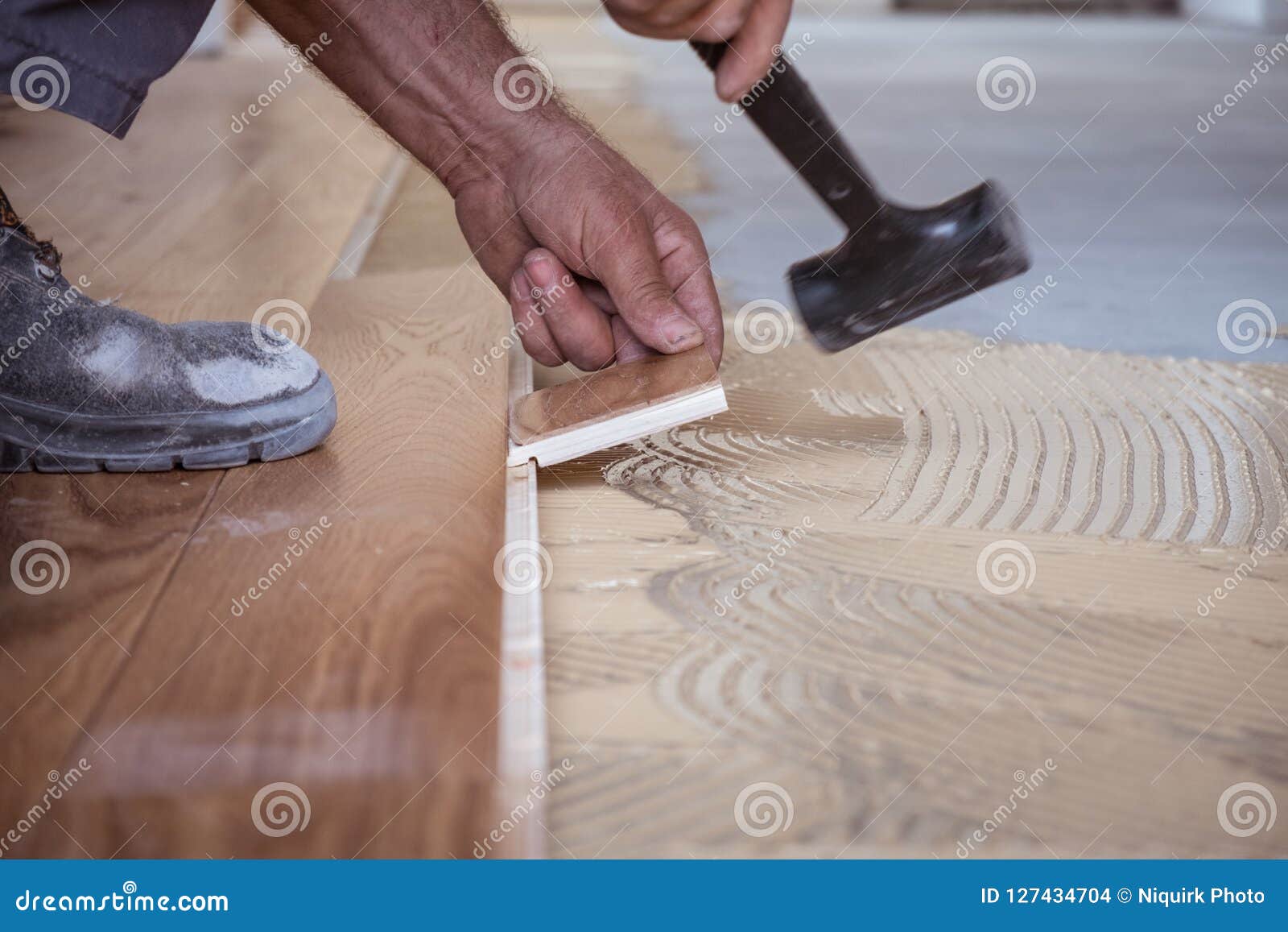 Worker Installing Wooden Flooring Boards Stock Photo Image Of