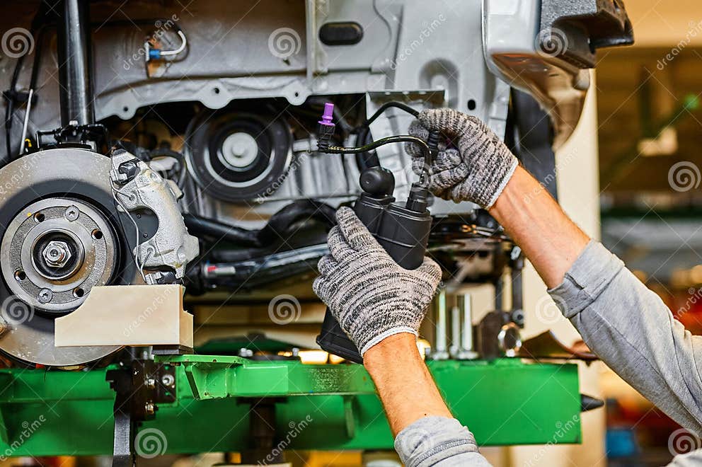 Worker Installs Plastic Box on Car Side in Stock Photo Image of close, install 280201100