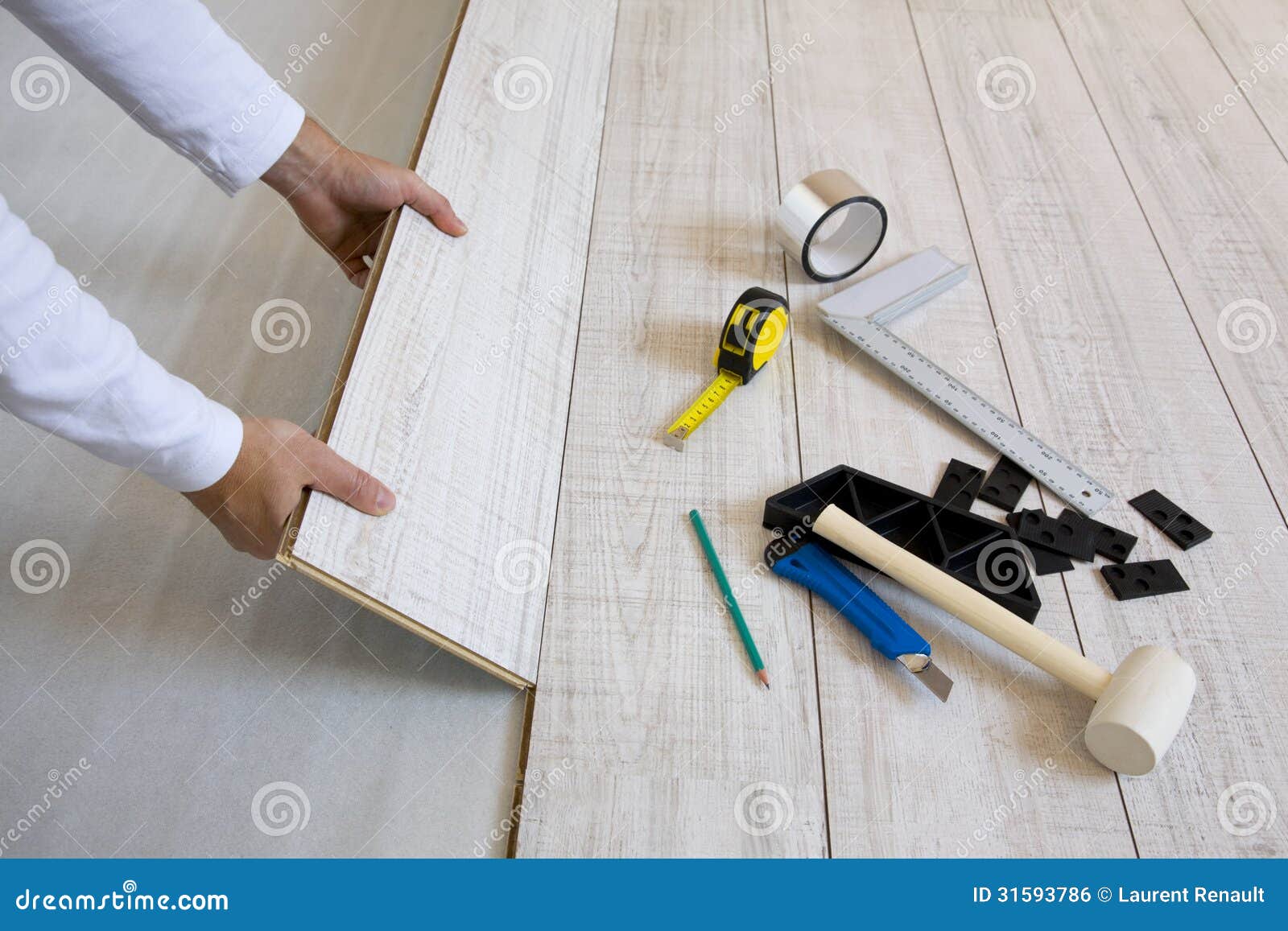 Worker laying laminated stock photo. Image of wood, deck 31593786