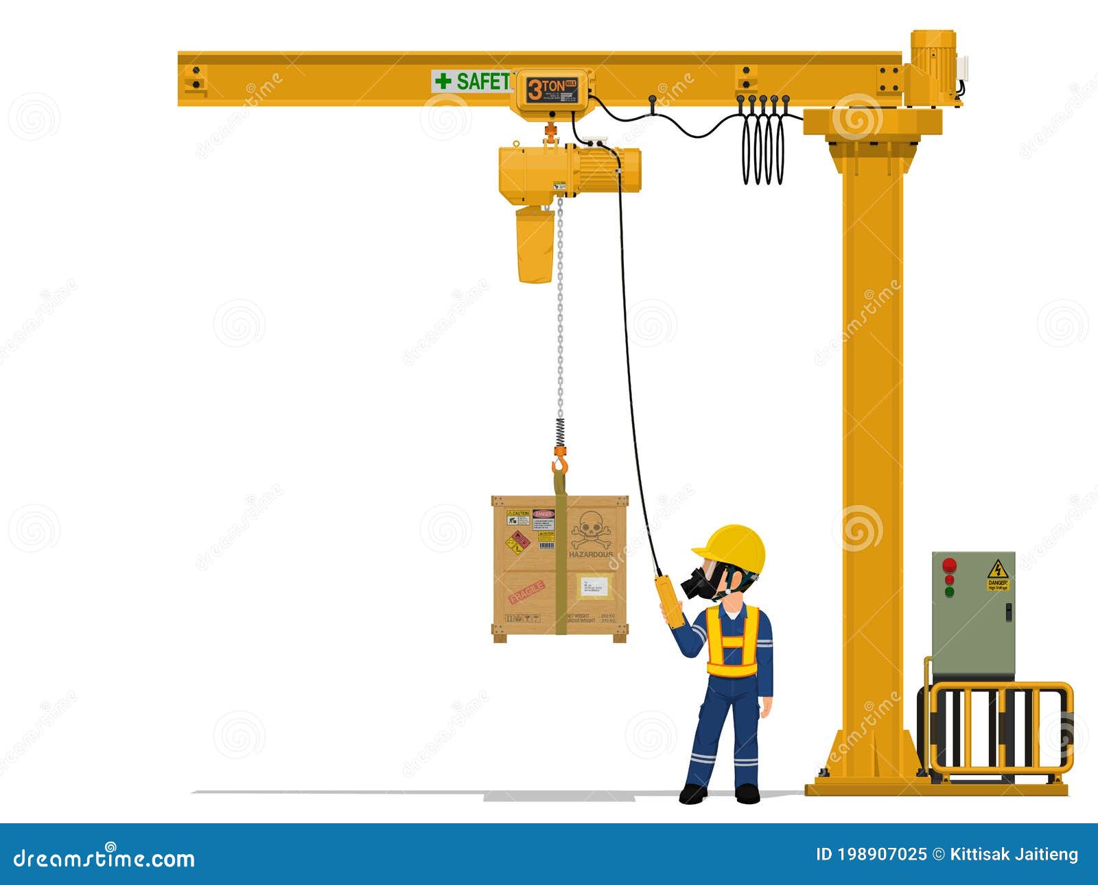 A Worker is Lifting Hazardous Material by Jib Crane Stock Vector