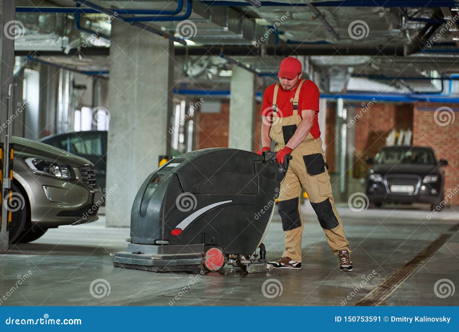 Worker With Machine Cleaning Floor In Parking Garage Stock Image