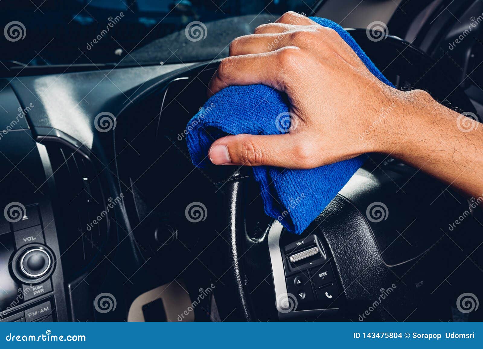 Worker Man Cleaning Dust Interior by Cloth Microfiber Inside Car Stock