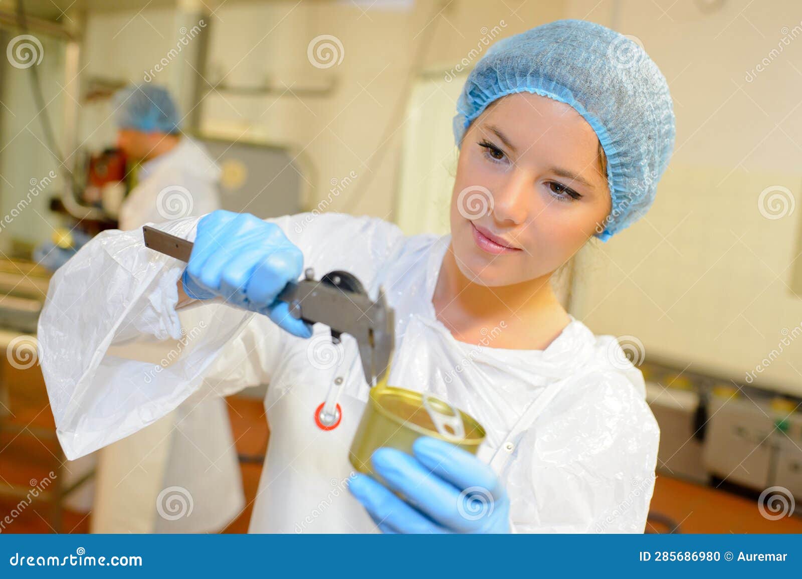 Worker Measuring Food Can with Calipers Stock Photo Image of tool