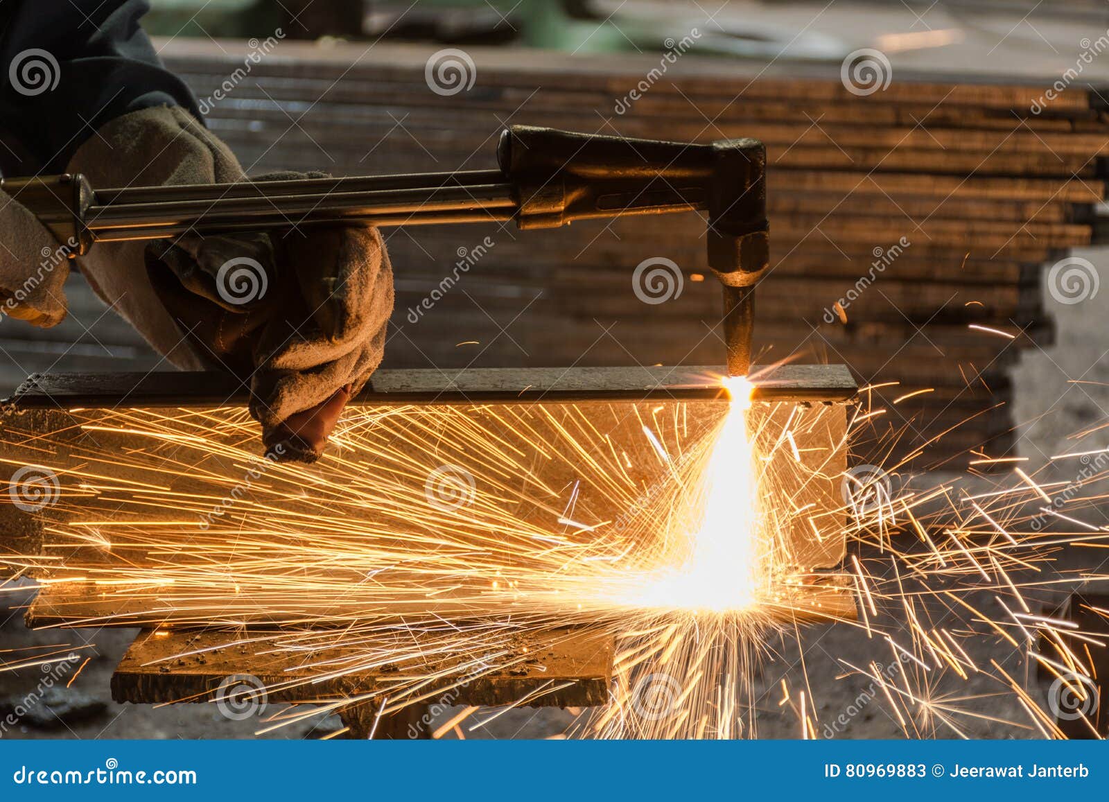 Worker Metal Cutting with Acetylene Welding Cutting Torch Stock Image