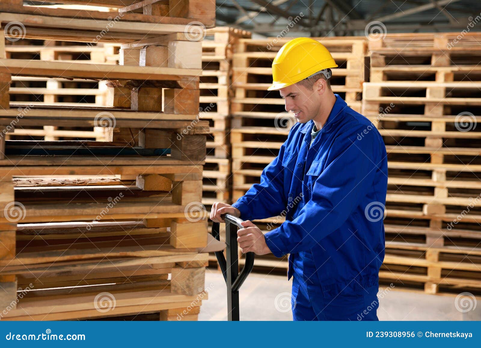 Worker Moving Wooden Pallets with Manual Forklift in Warehouse Stock Photo Image of shipping
