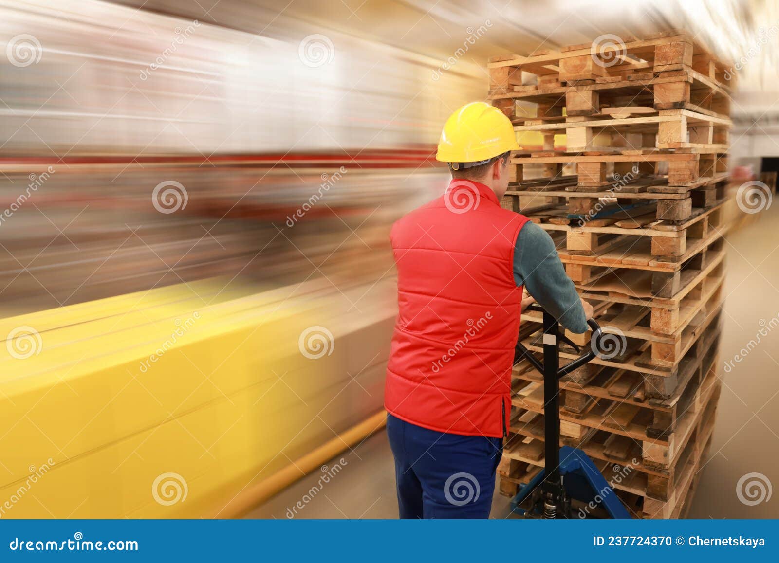 Worker Moving Wooden Pallets with Manual Forklift in Warehouse, Back View Stock Photo Image of