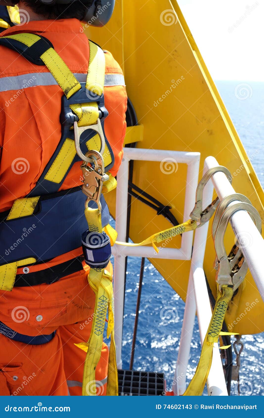 Worker at Offshore with Safety Harness. Stock Image Image of belaying