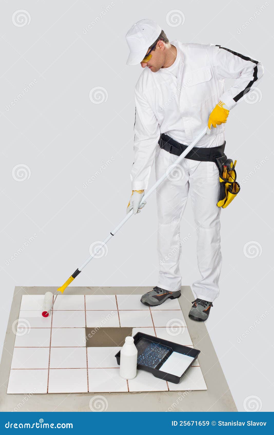 Worker Paint Primer Tiles Floor Roller Stock Image Image of roller