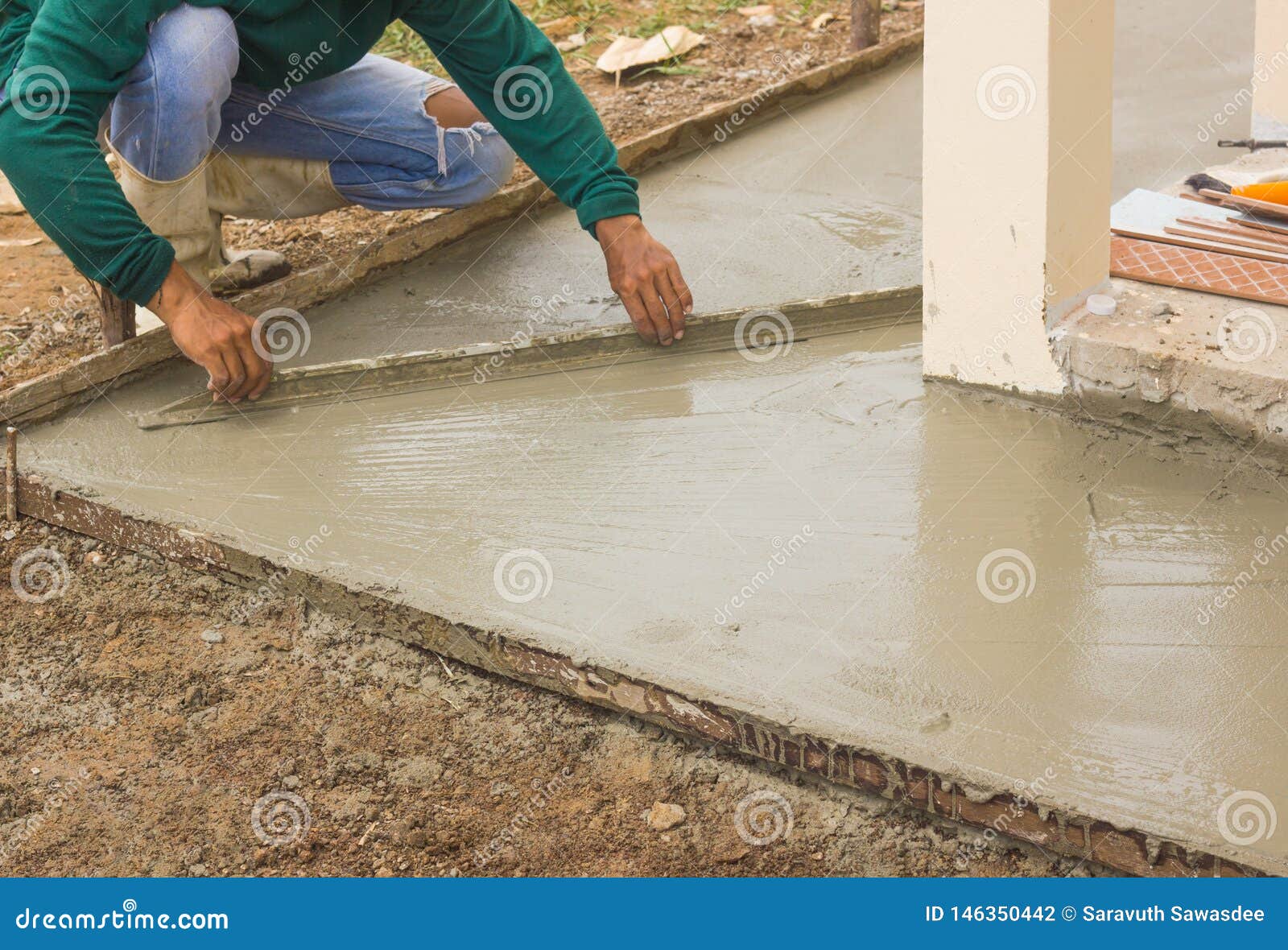 Worker Plaster Cement by Long Trowel, Construction Worker Working on