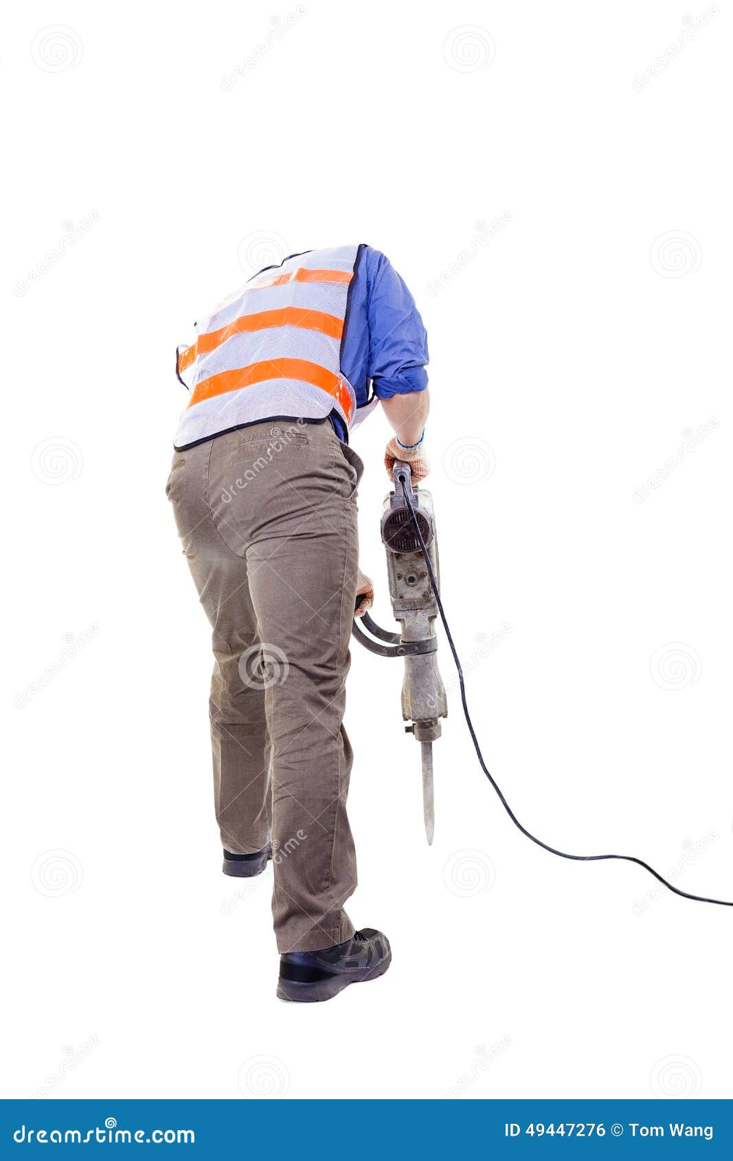 Worker with pneumatic hammer drill equipment isolated on white