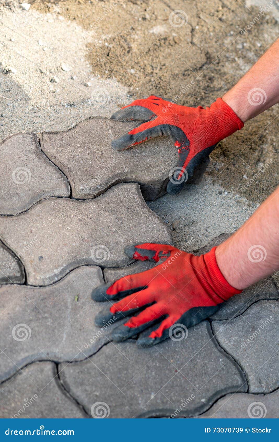 The Worker Positioning the Bricks on the Patio Stock Image Image of