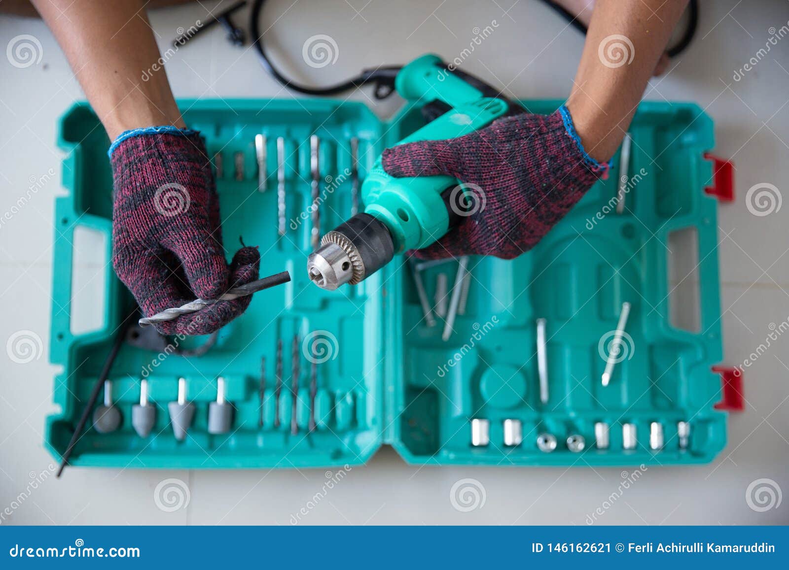 Worker with Hands Glove Prepare Drill Stock Image Image of power