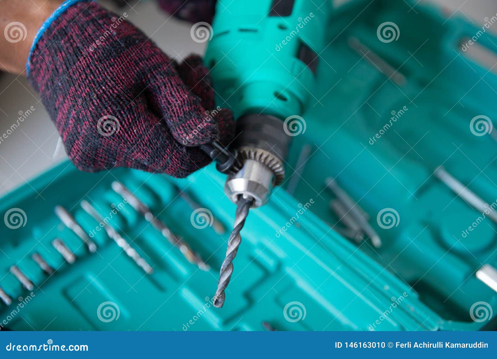Worker with Hands Glove Prepare Drill Stock Photo Image of iron, screwdriver 146163010