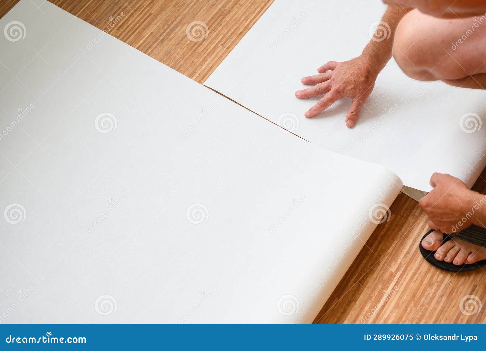 Worker are Preparing Wallpaper for Hanging Stock Image - Image of white ...