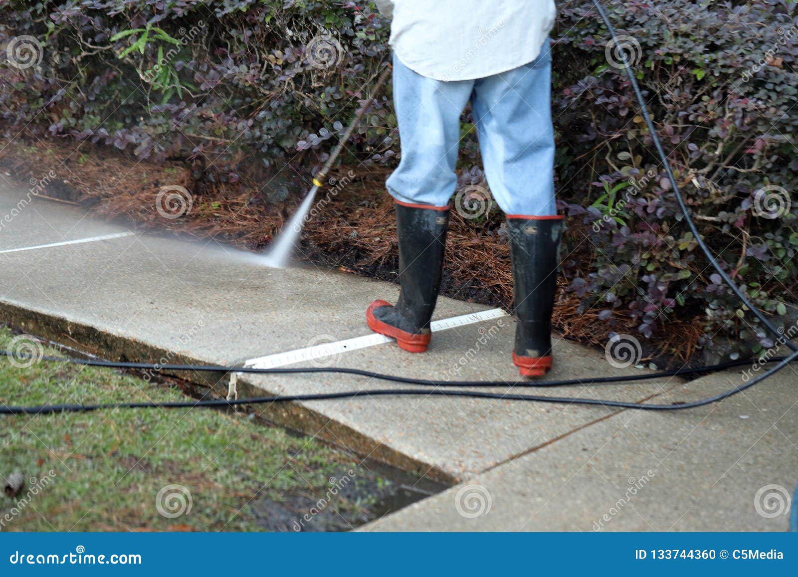 Worker Pressure Washing Sidewalk Stock Photo Image of cleaning, clean