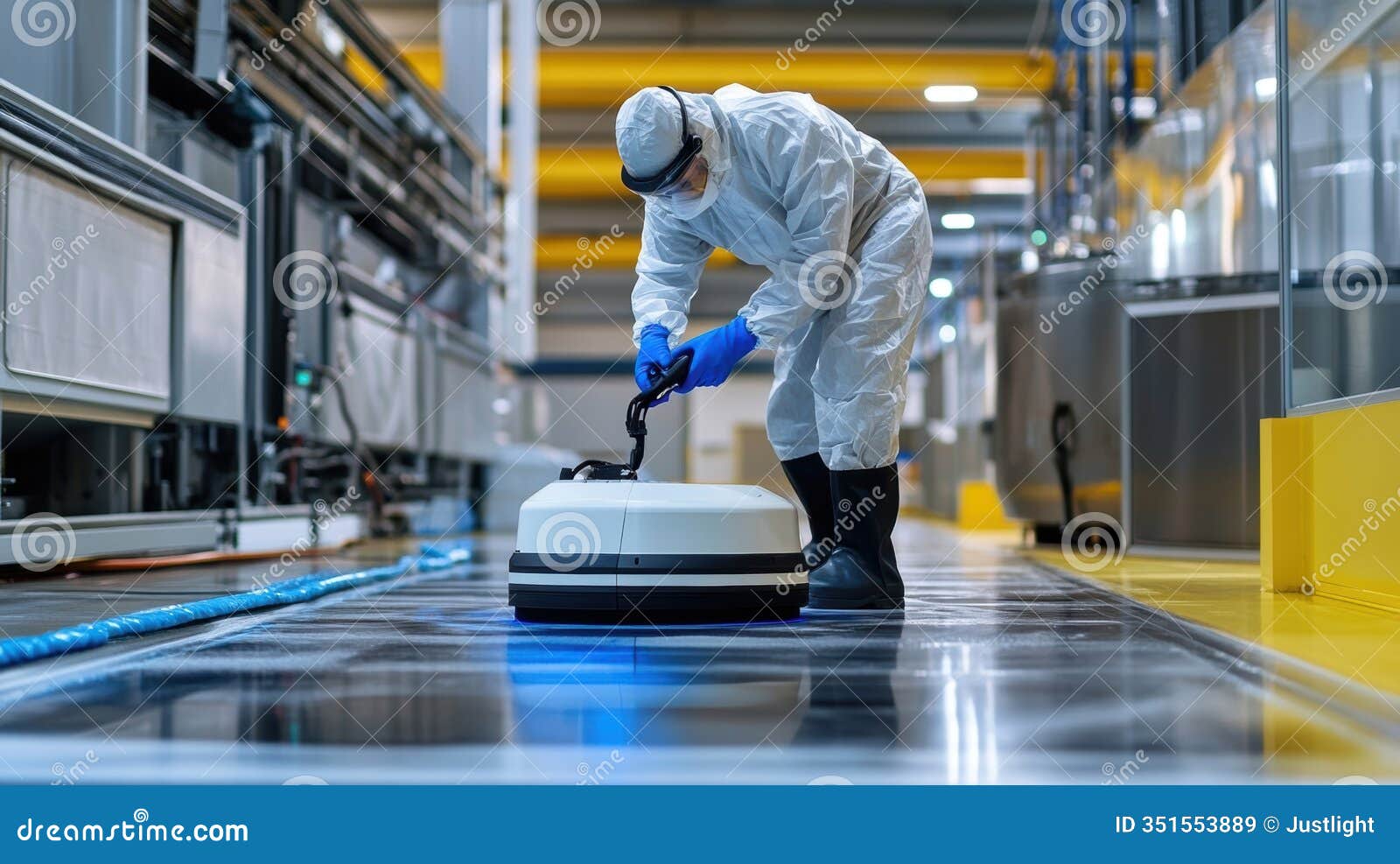 a worker in protective gear employing a hightech cleaning robot that autonomously maintains large machine surfaces