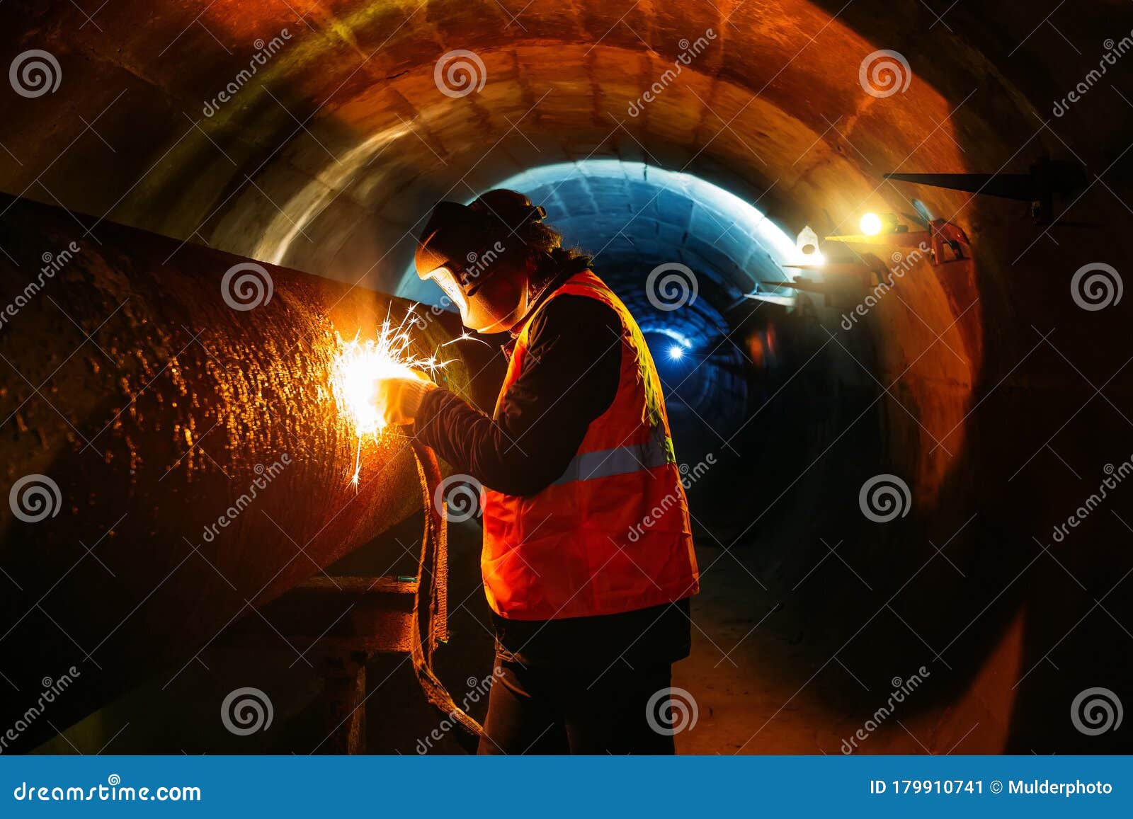 Worker in Protective Mask Welding Pipe in Tunnel Stock Image Image of