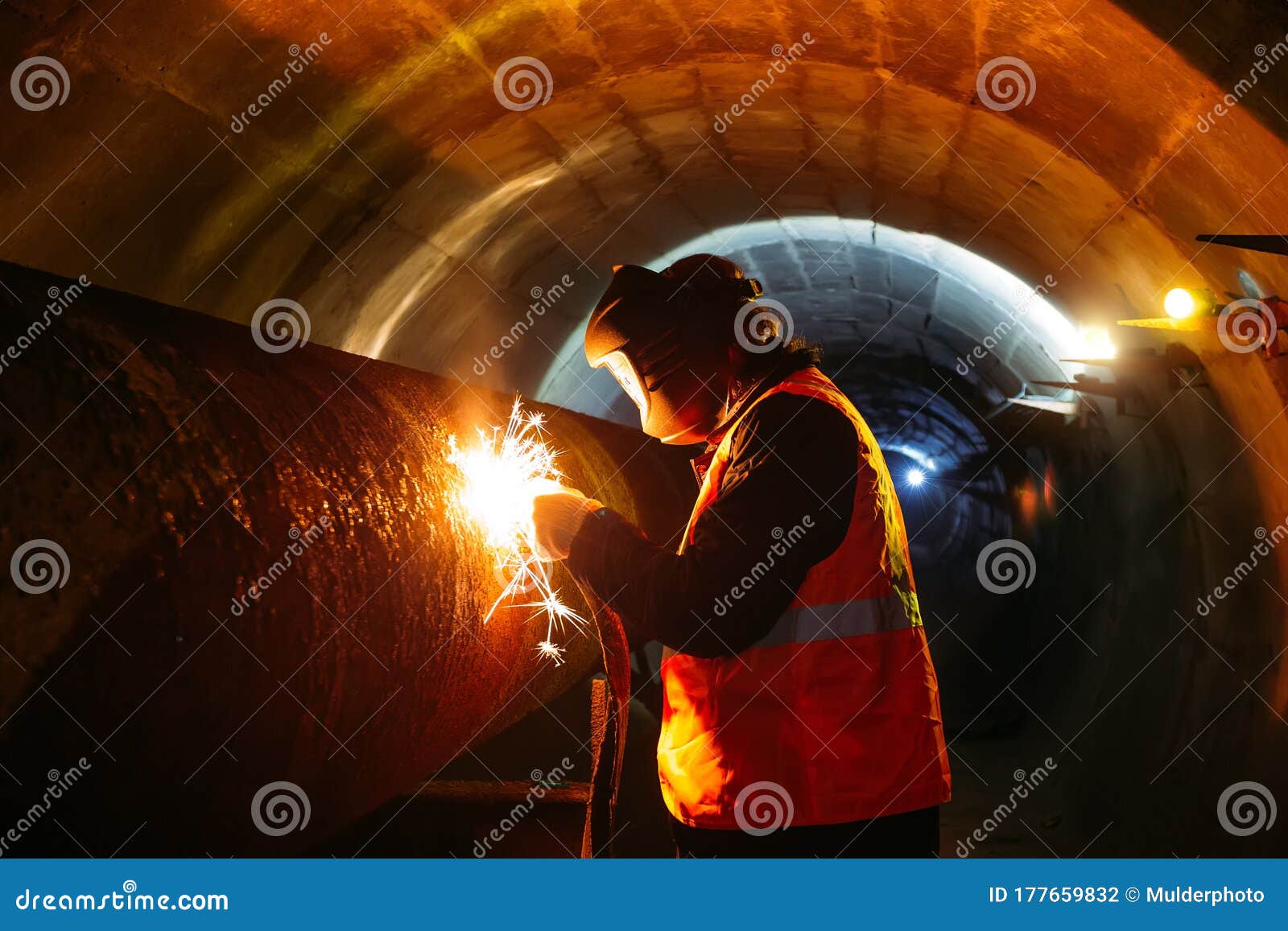 Worker in Protective Mask Welding Pipe in Tunnel Stock Photo Image of
