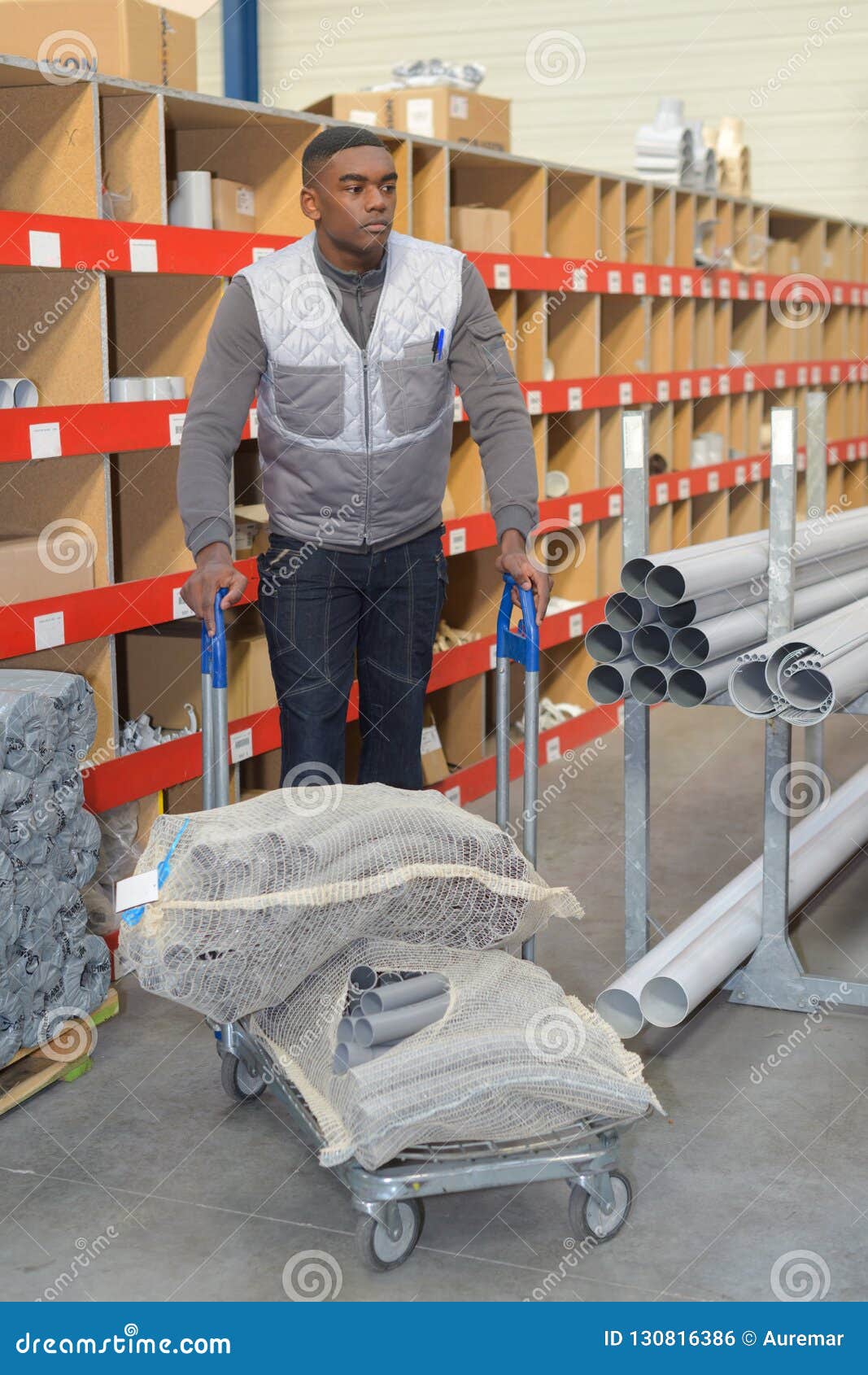 Worker Pushing Trolley in Warehouse Stock Photo Image of smile