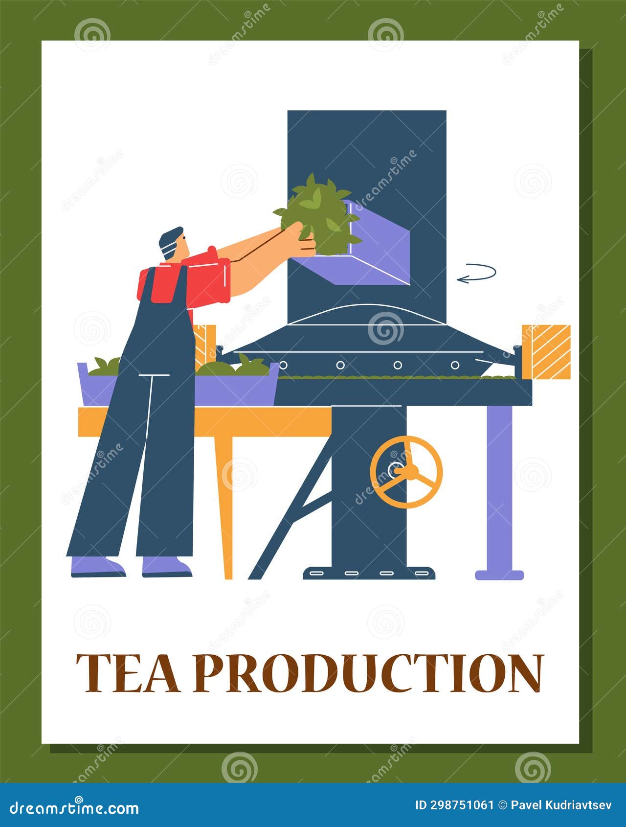 Worker Put Tea Leaves in Machine. Stock Vector Illustration of
