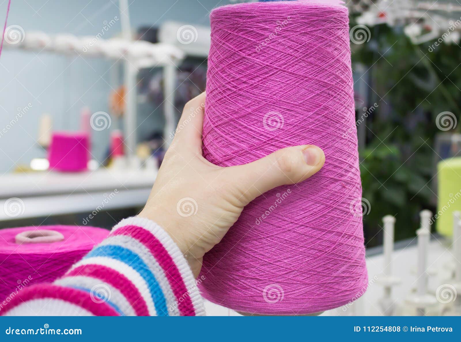 Worker Puts the Thread on the Knitting Machine Stock Photo Image of