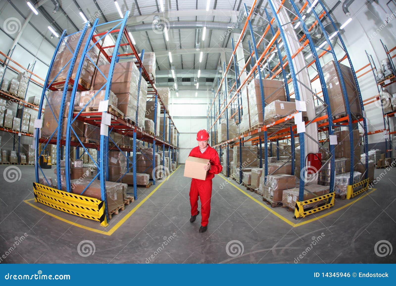 Worker in Red Uniform with Box in Warehouse Stock Photo - Image of