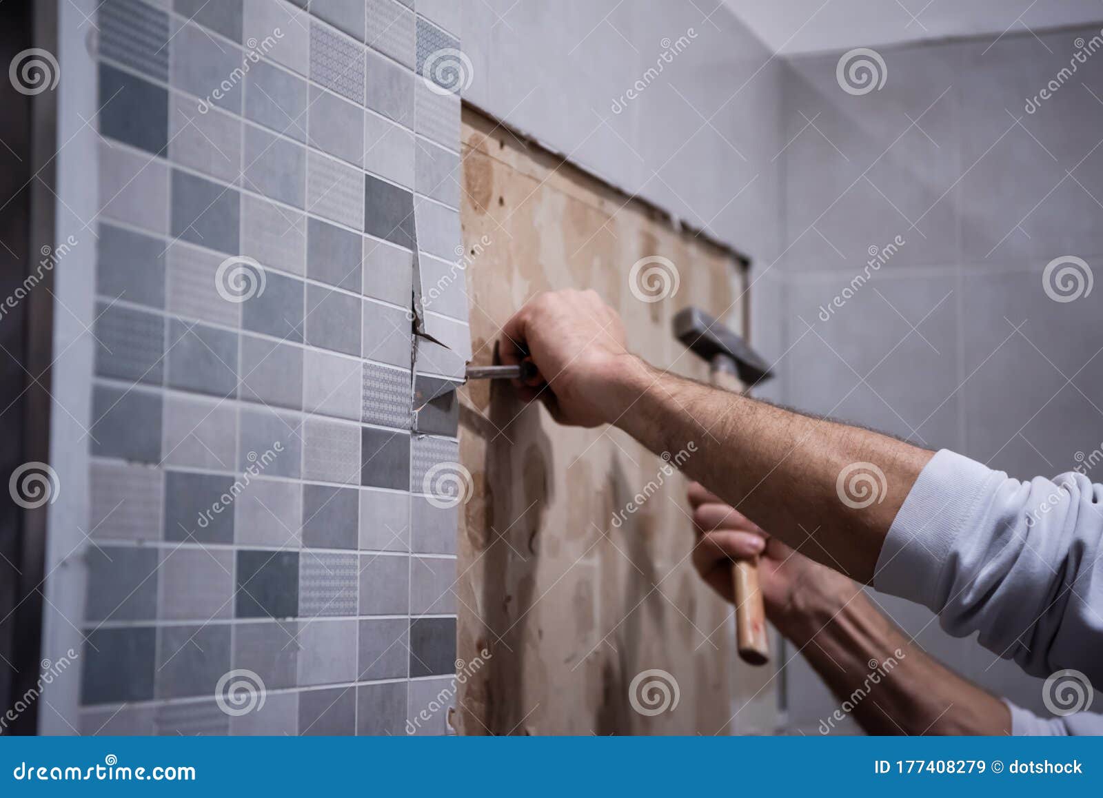 Worker Remove Demolish Old Tiles in a Bathroom Stock Image Image of