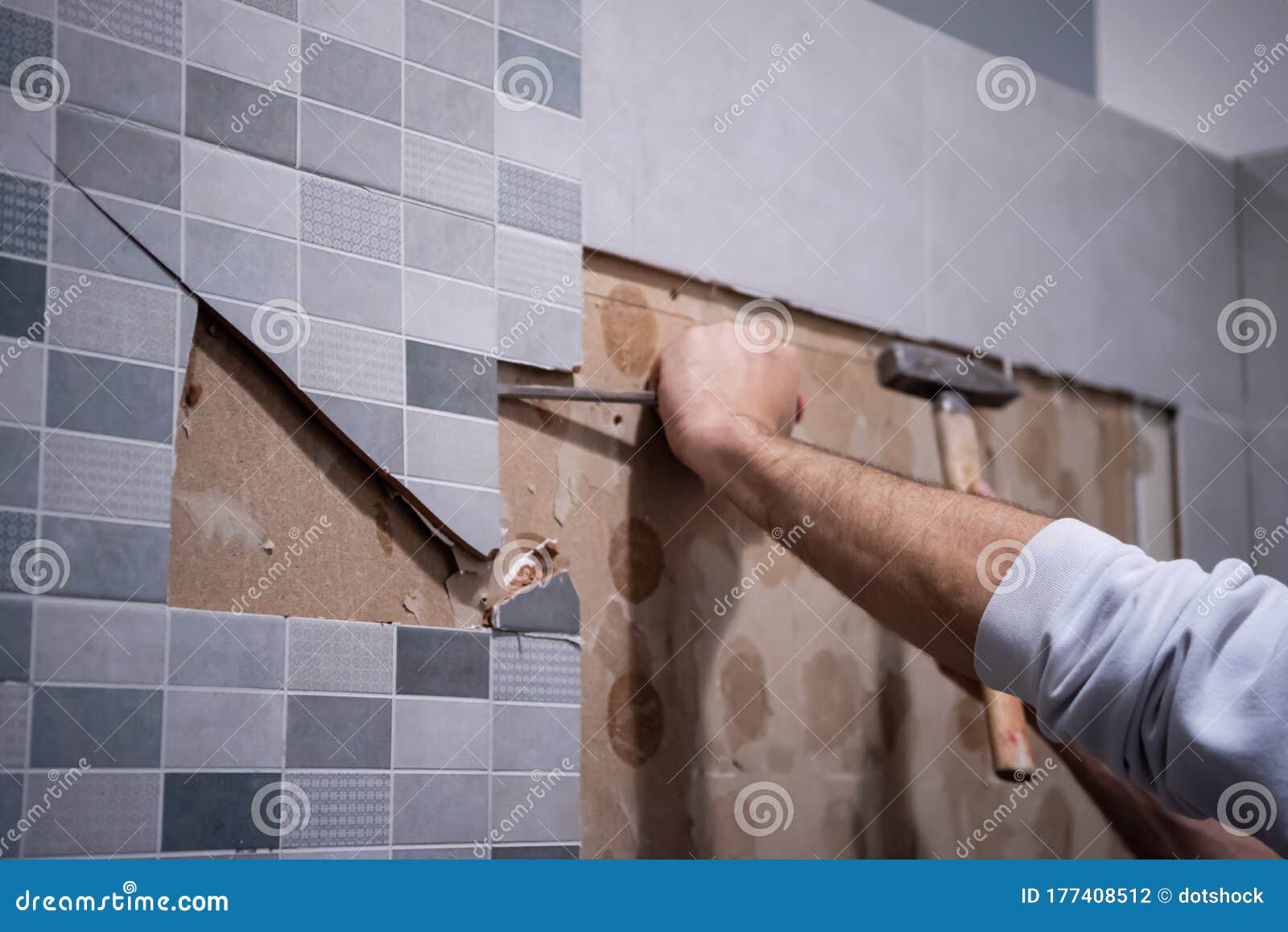 Worker Remove Demolish Old Tiles in a Bathroom Stock Photo Image of