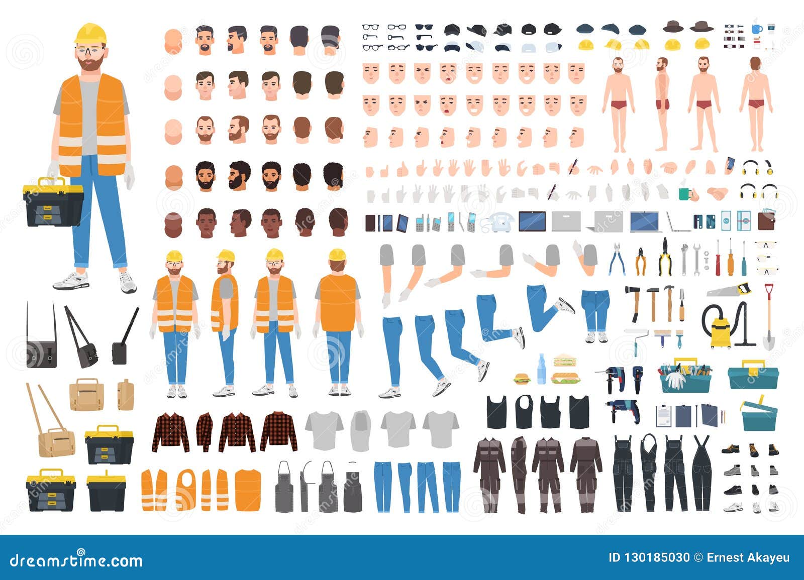 worker or repairer diy kit. collection of male cartoon character body parts, facial expressions, gestures, clothes