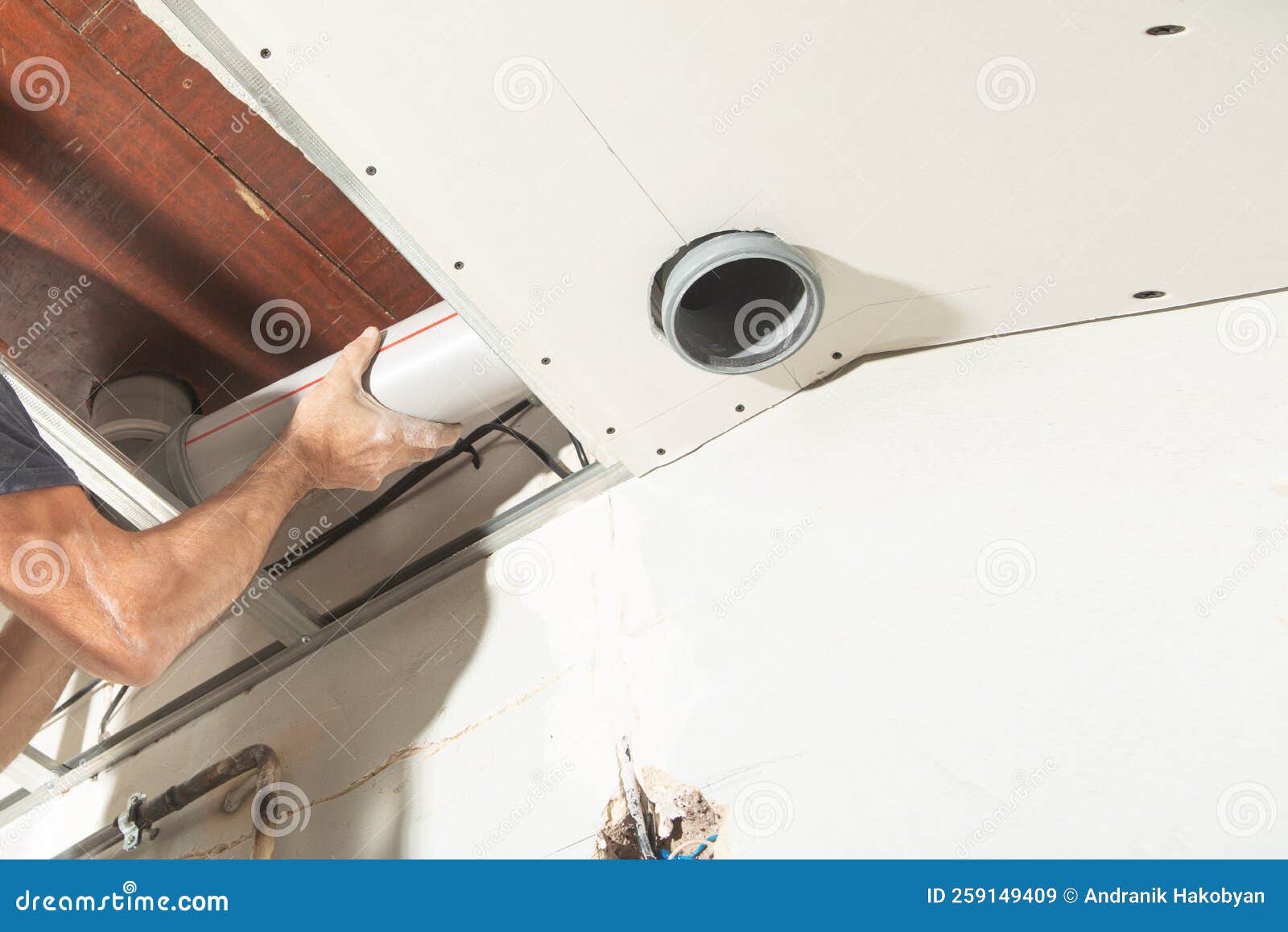 Worker Repairing Plastic Chimney Pipe at Home Stock Image Image of