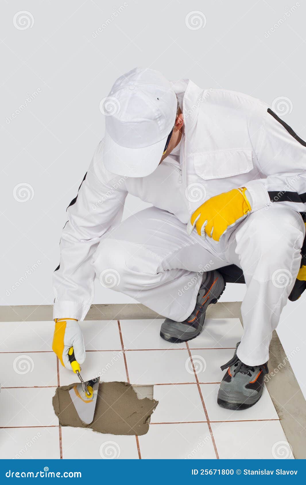 Worker Repairs Old White Tiles with Tile Adhesive Stock Photo Image