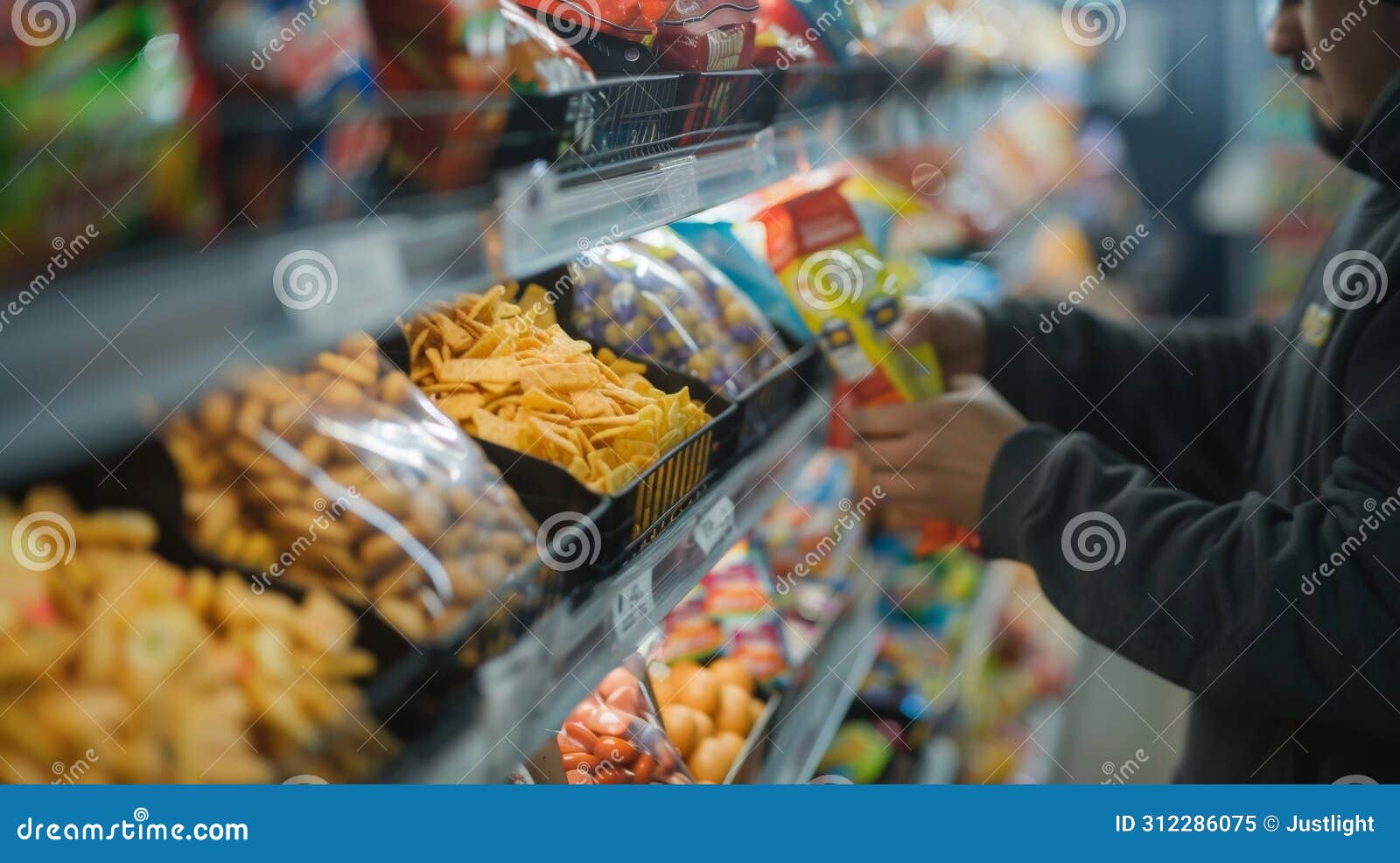 a worker replenishing the shelves of snacks and candy at a crowded concession stand making sure theres enough for