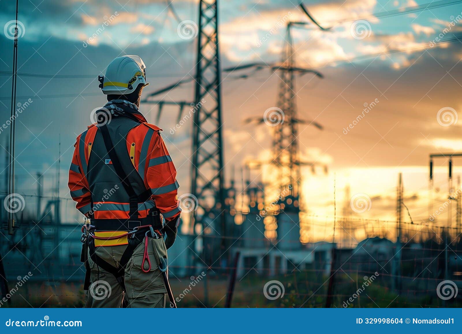 worker in safety gear near a high voltage substation. generative ai