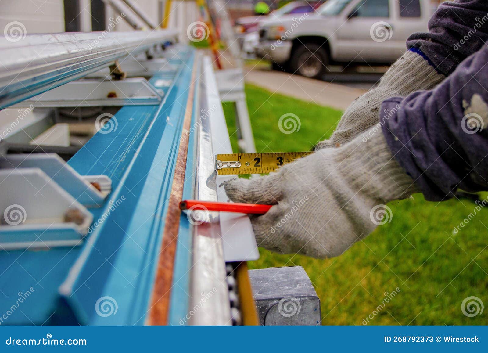 Worker Setting Measuring and Metal Bending Outdoors, Industrial Construction Stock Image Image