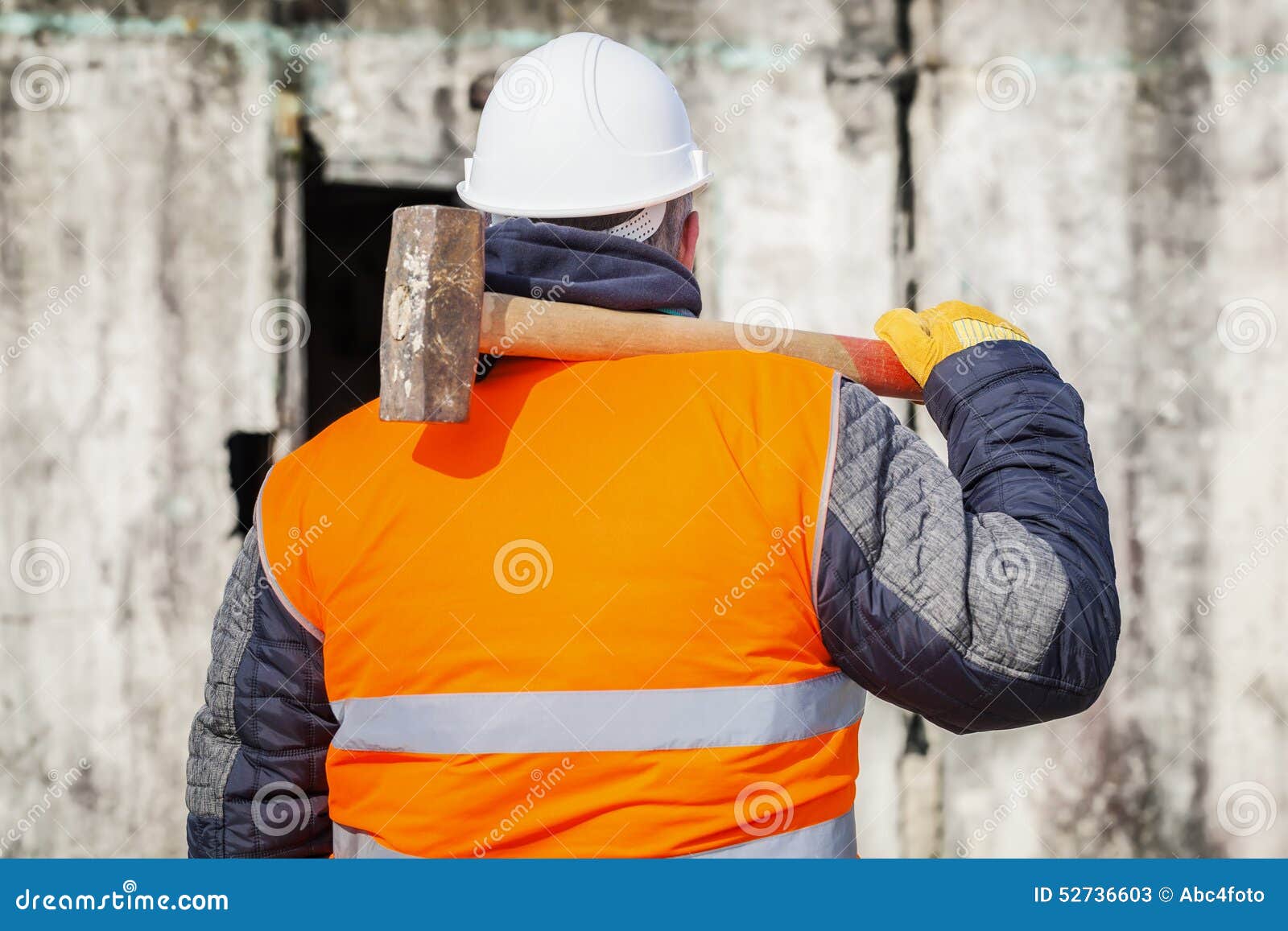 Worker with Sledge Hammer Against the Wall Stock Image Image of