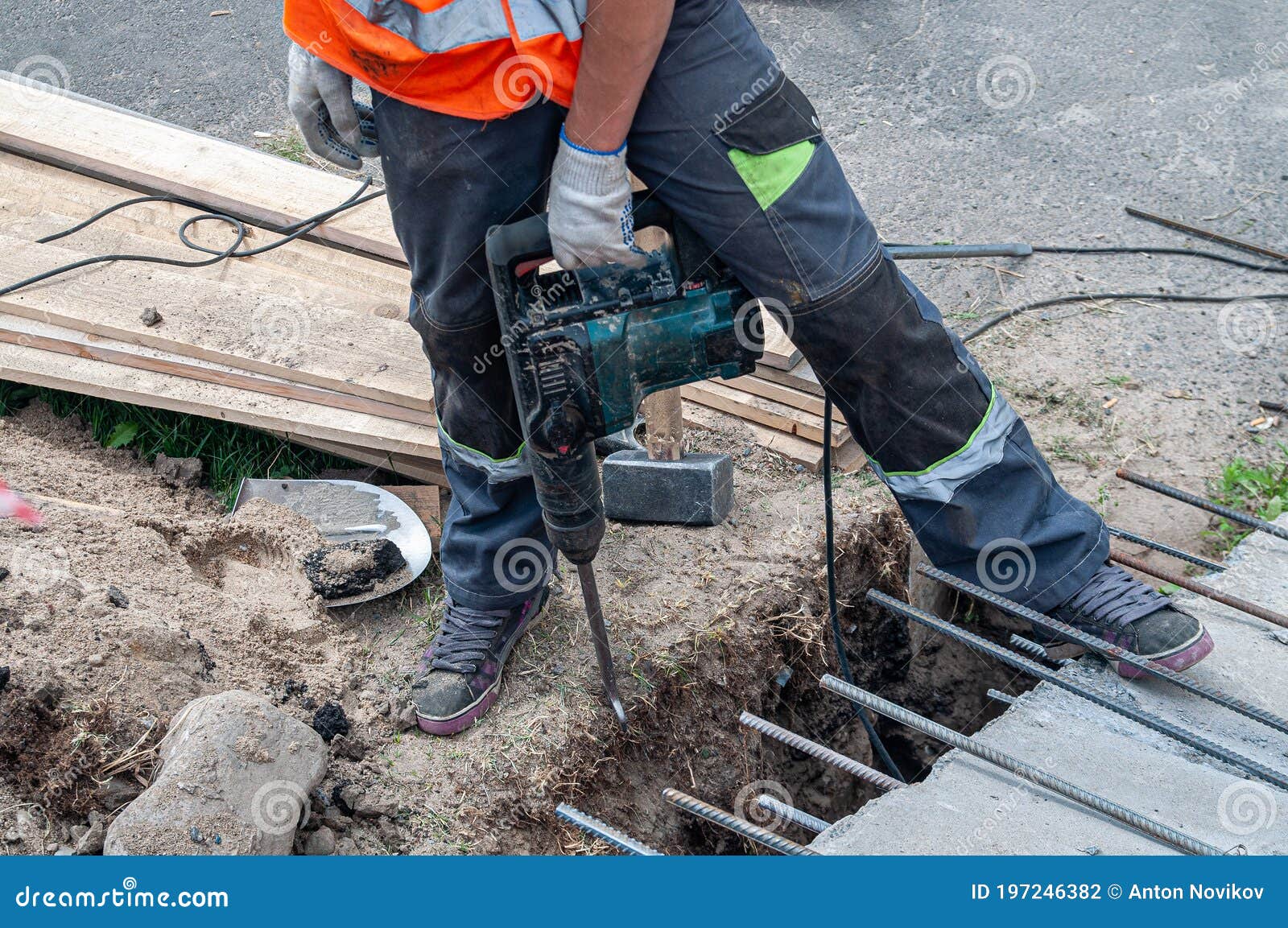 Worker with a Jackhammer during Roadworks Stock Photo Image of loud