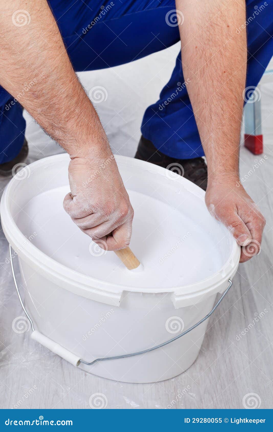 Worker Stirring the Paint Closeup on Hands Stock Image Image of