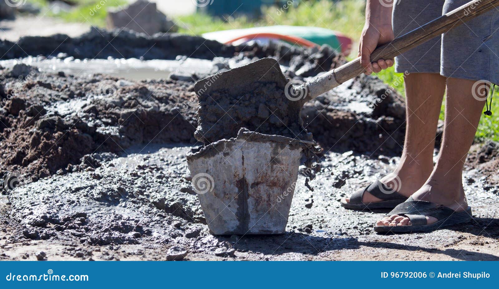 Worker Stirs Concrete Shovel Stock Photo - Image of handle, people