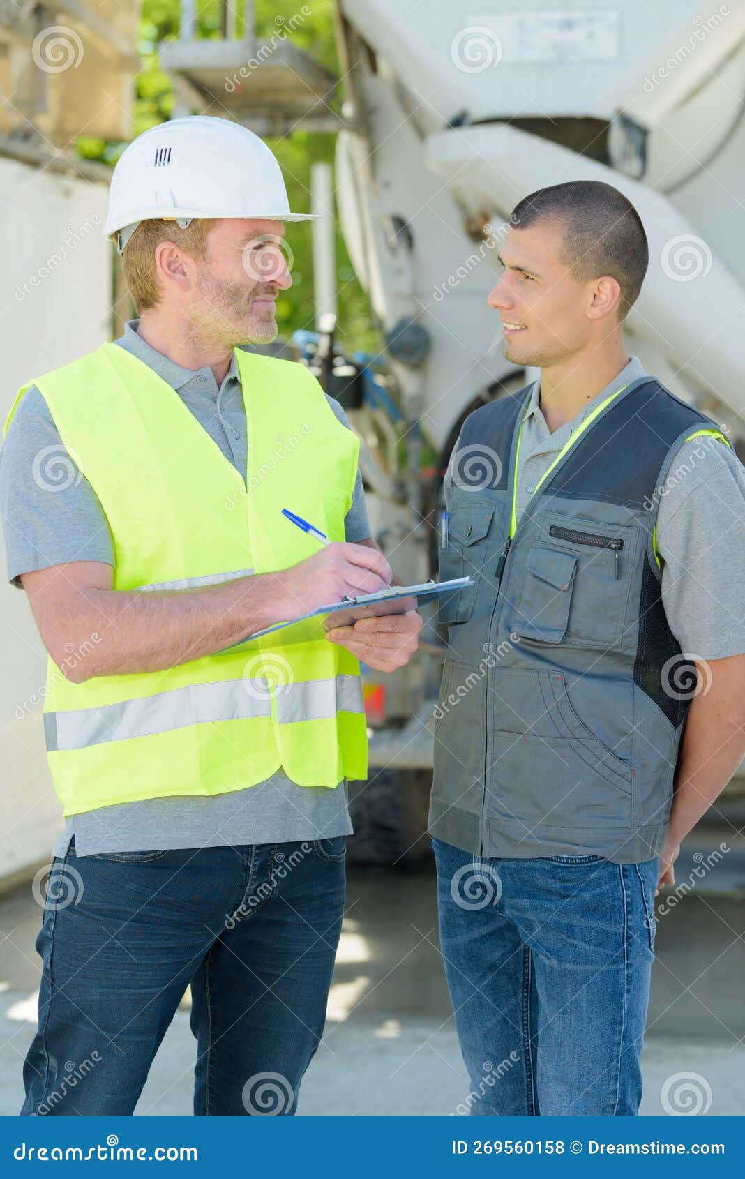 Worker Talking To Driver Cement Mixer Lorry Stock Photo Image of