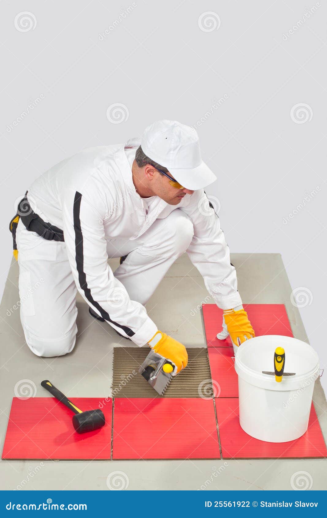 Worker Tile Adhesive With Trowel Tile Floor Stock Photo Image Of