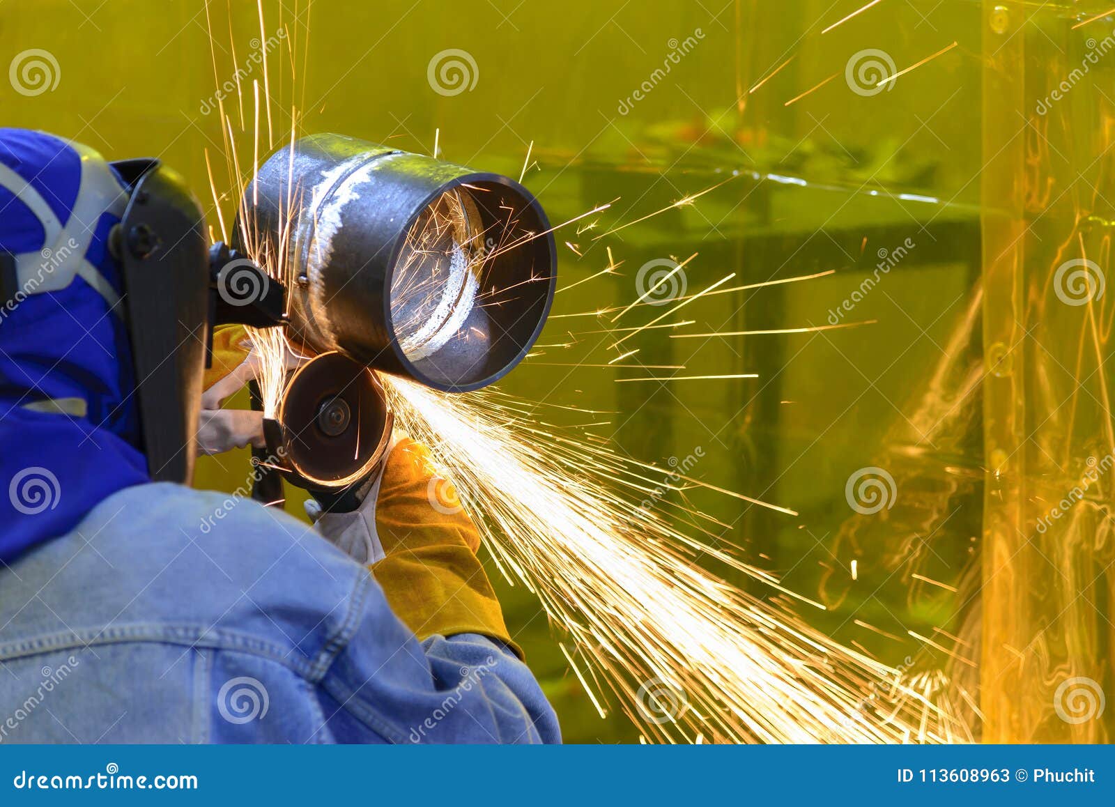 Worker Use Hand Grinder Machine Stock Image Image of iron, fire
